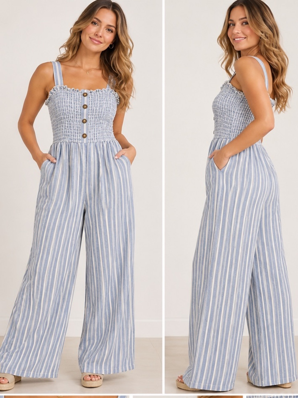 Hollister NWT Size Small Blue White Striped Smocked Wide Leg Jumpsuit